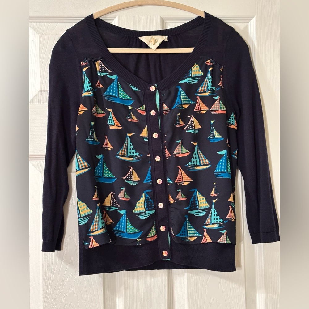 Anthropologie HWR Navy Sailboat Cardigan Size M EUC
